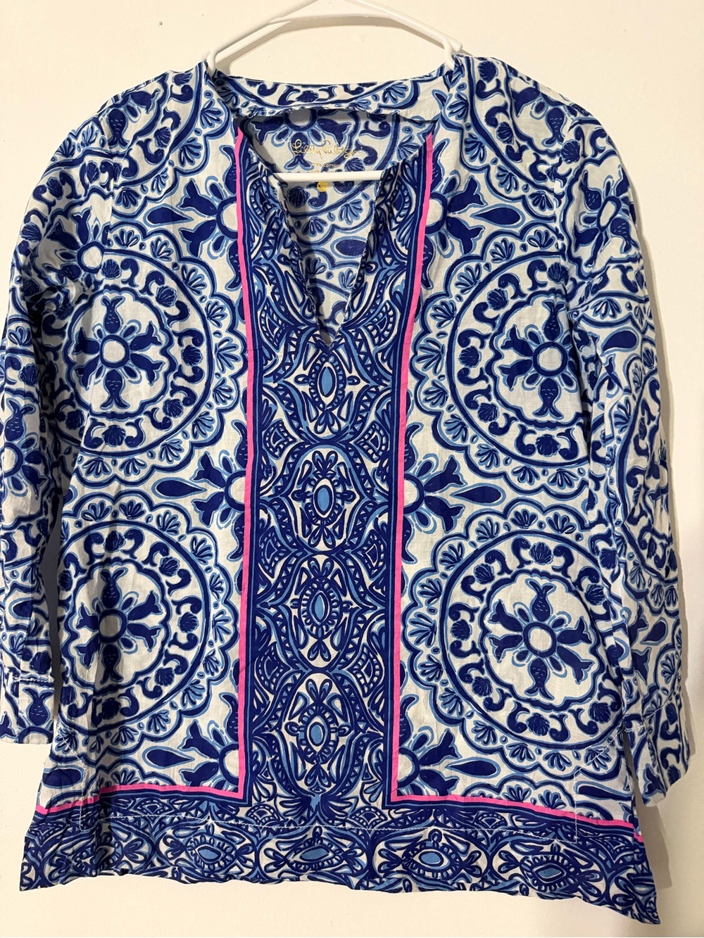 Blue & White Printed Women's Tunic Top with Pink Trim